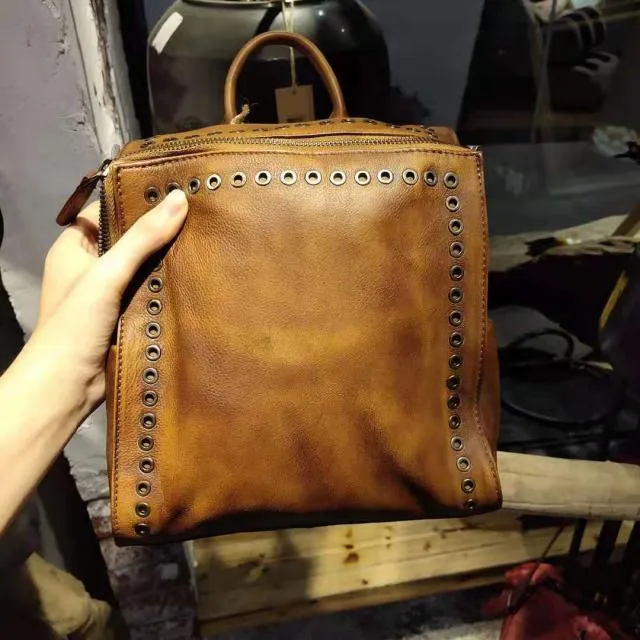 Vintage Womens Square Leather Crossbody Backpack Purse Small Leather Shoulder Bag