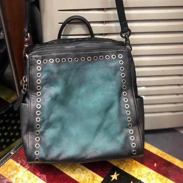 Vintage Womens Square Leather Crossbody Backpack Purse Small Leather Shoulder Bag