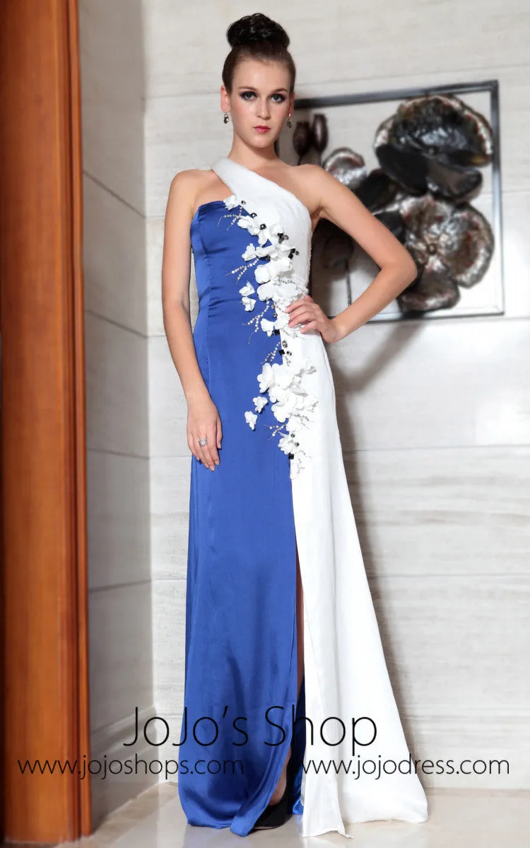 White and Blue Side Slit Sleek Prom Evening Dress