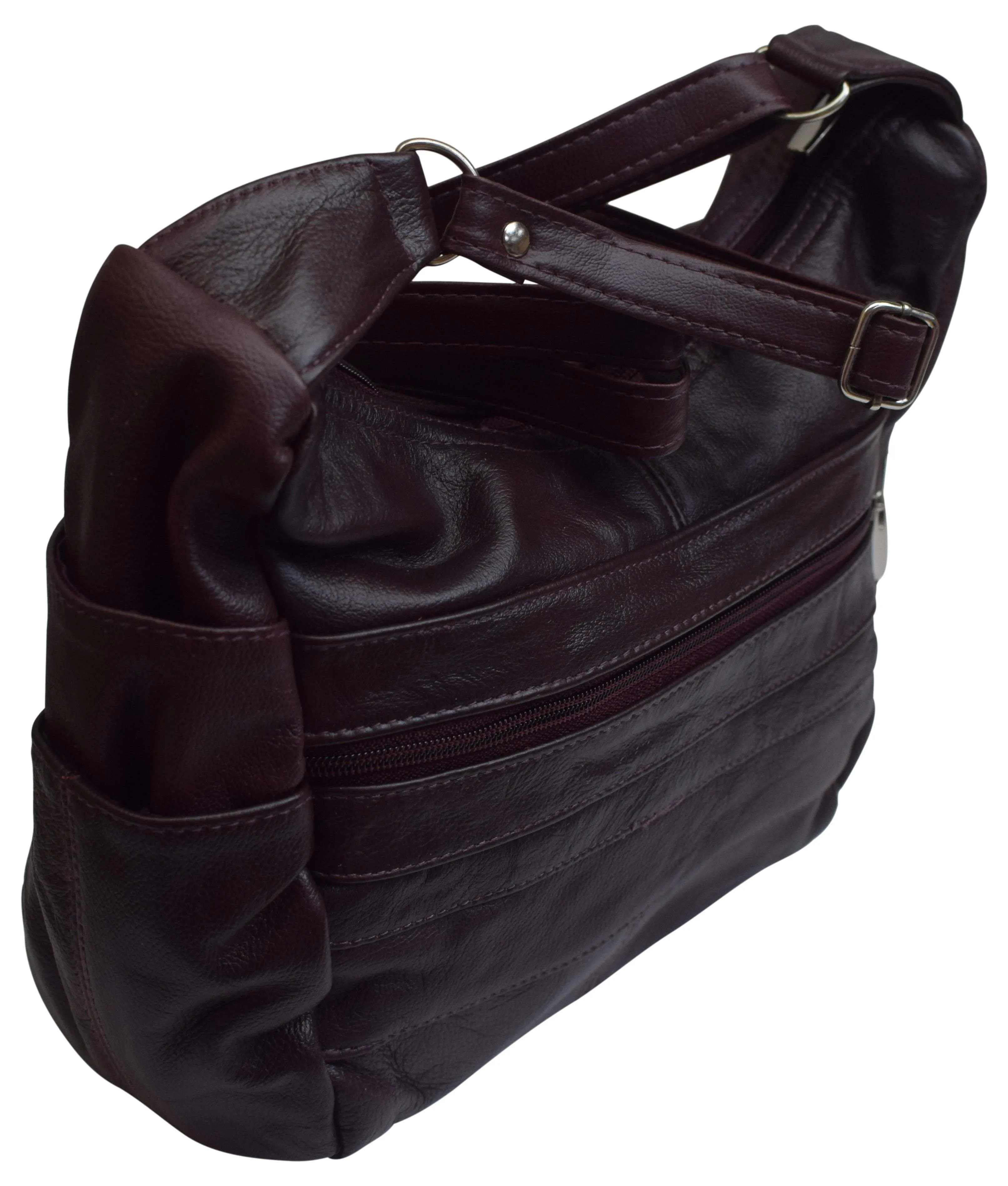 Womens Genuine Leather Purse Adjustable Strap Mid Size Multi Pocket Shoulder Bag Design Wine