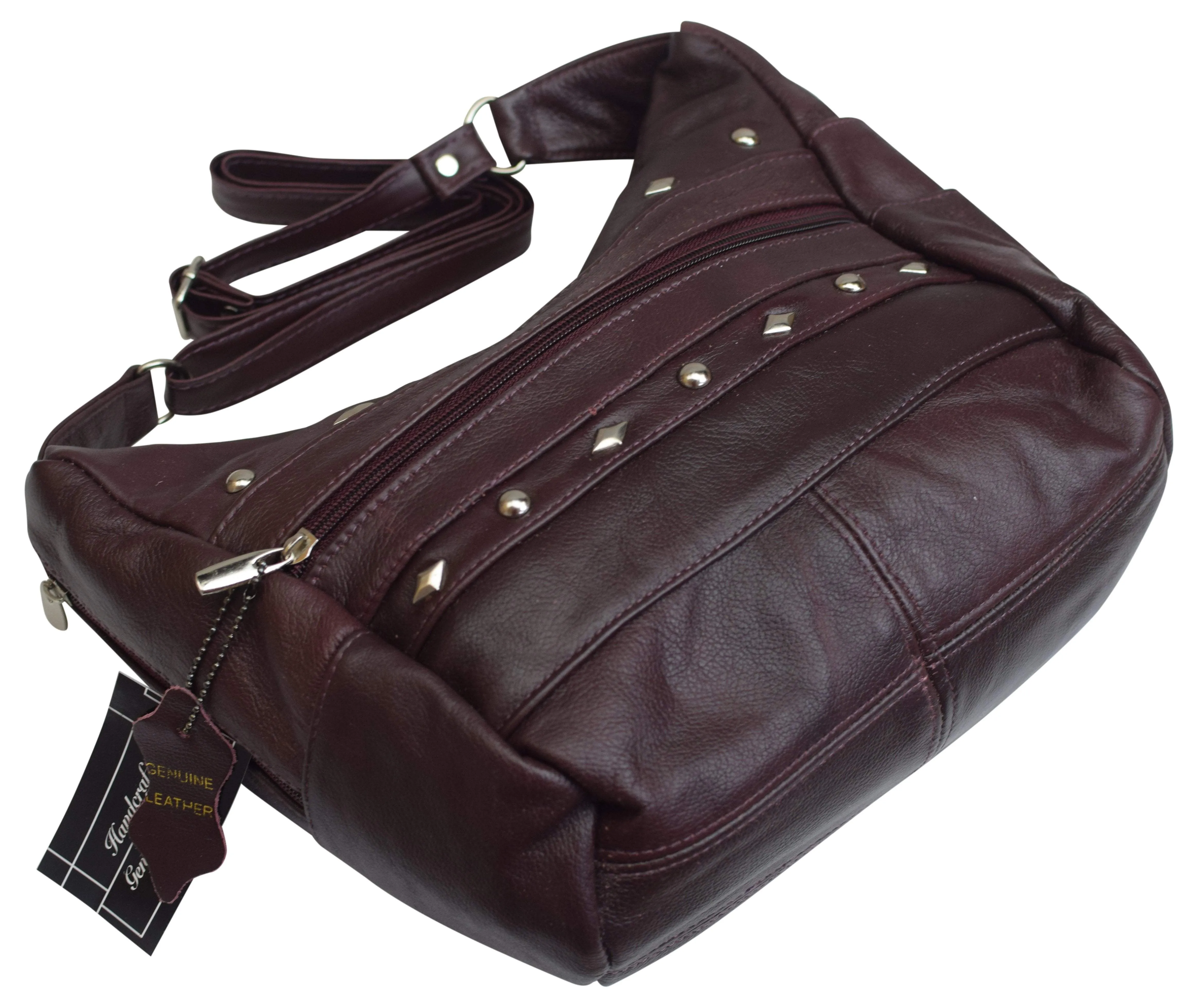 Womens Genuine Leather Purse Adjustable Strap Mid Size Multi Pocket Shoulder Bag Design Wine