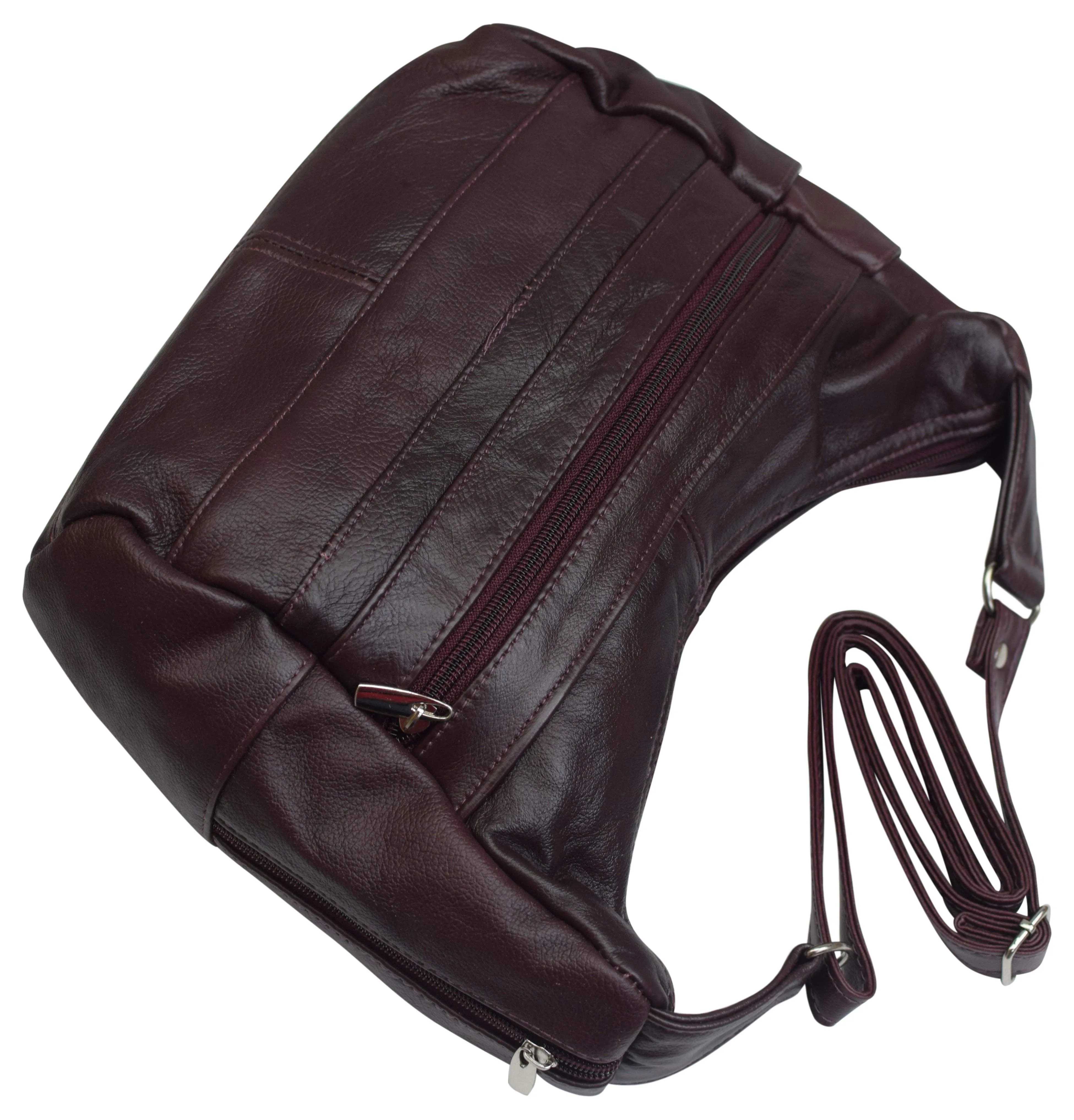 Womens Genuine Leather Purse Adjustable Strap Mid Size Multi Pocket Shoulder Bag Design Wine