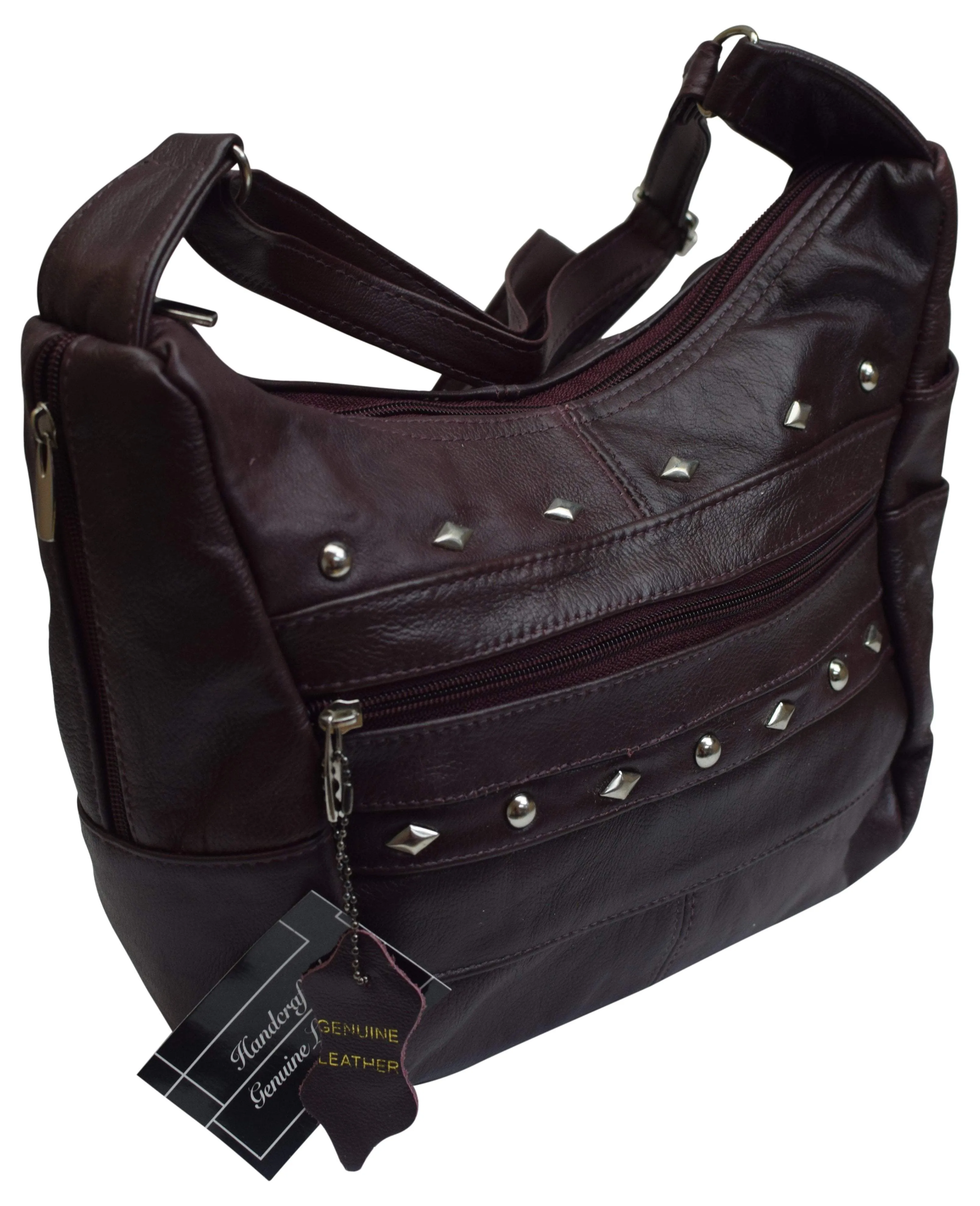 Womens Genuine Leather Purse Adjustable Strap Mid Size Multi Pocket Shoulder Bag Design Wine