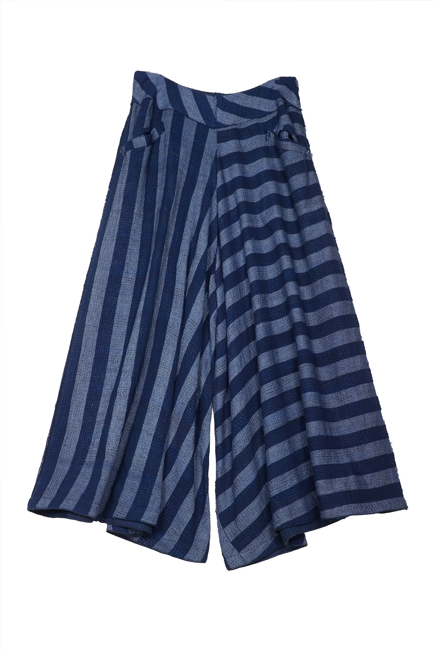 WOVEN STRIPE FRAYED PATCH BACK KANTHA WIDE LEG PANTS - wp2623-nvy -