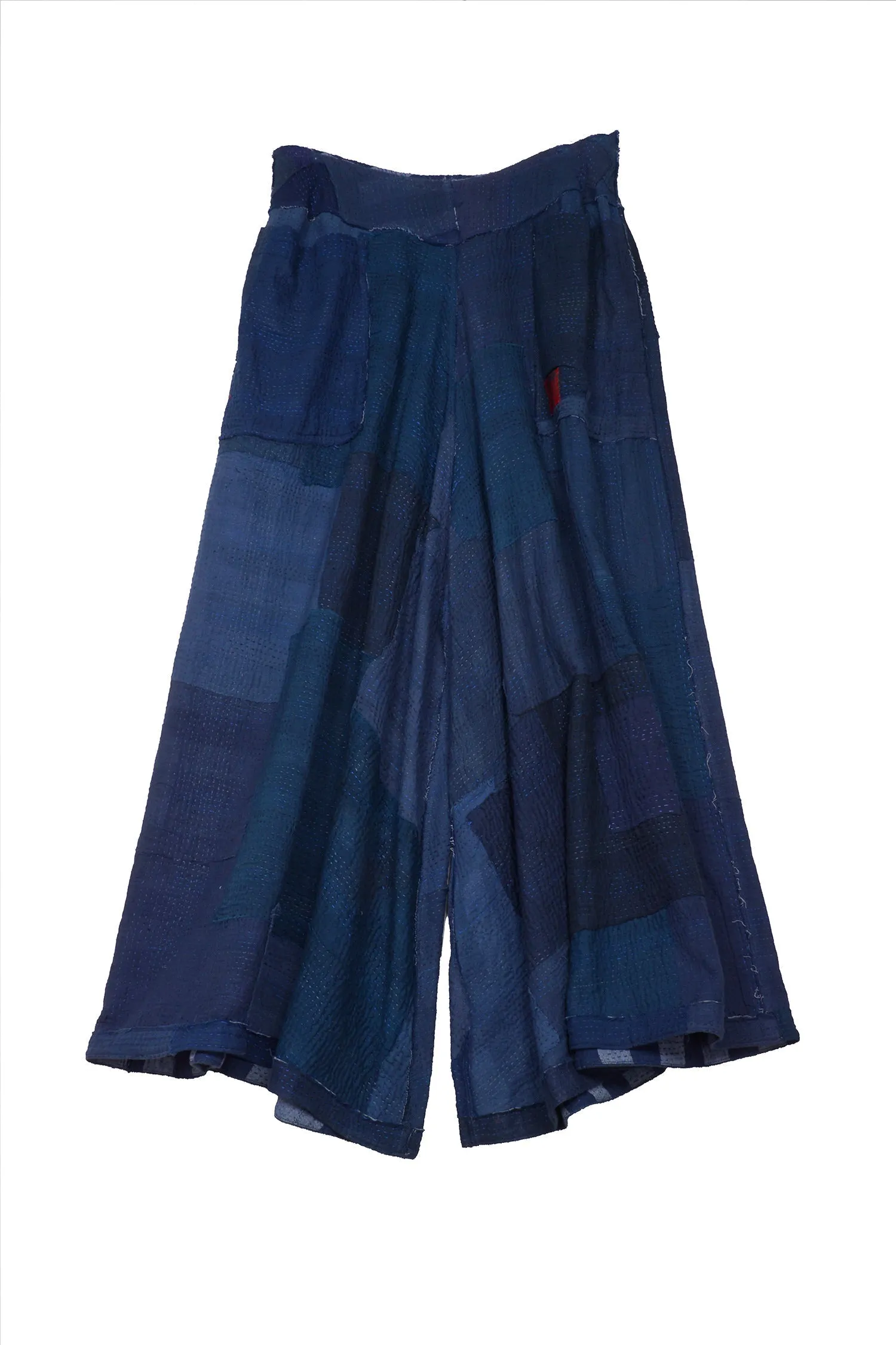 WOVEN STRIPE FRAYED PATCH BACK KANTHA WIDE LEG PANTS - wp2623-nvy -