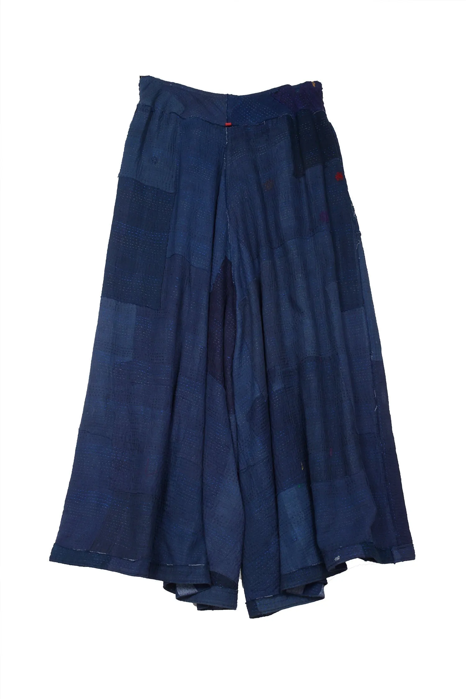WOVEN STRIPE FRAYED PATCH BACK KANTHA WIDE LEG PANTS - wp2623-nvy -